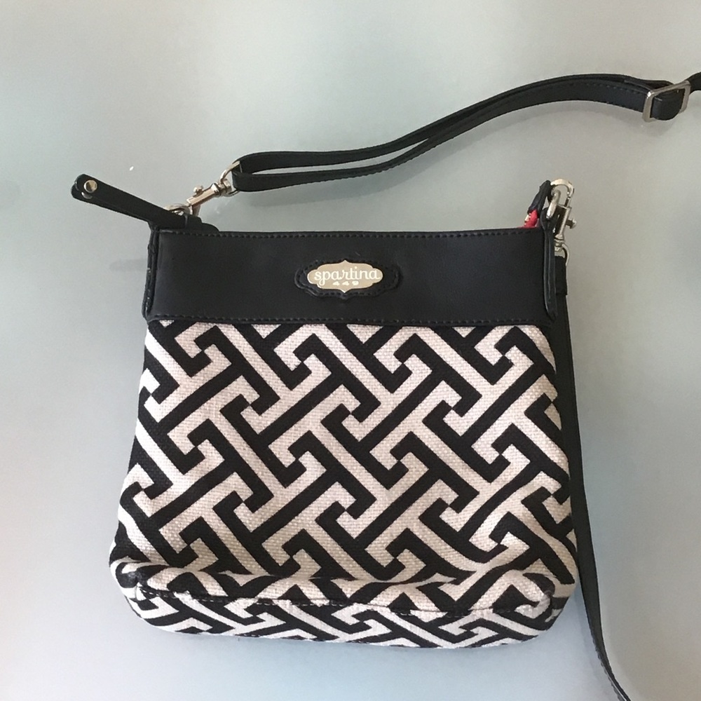 Spartina 449 Callahan Hipster Daufuskie Black Tan Leather Linen Crossbody Purse